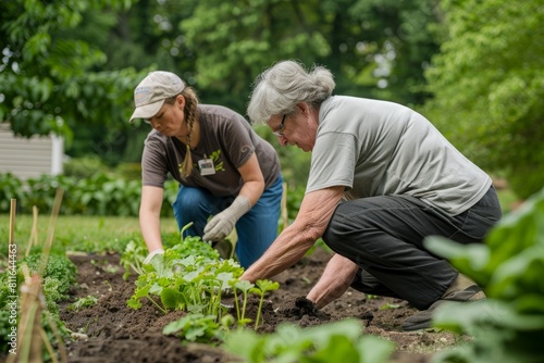 A man and woman working together in the dirt, tending to plants and soil in a community volunteer initiative