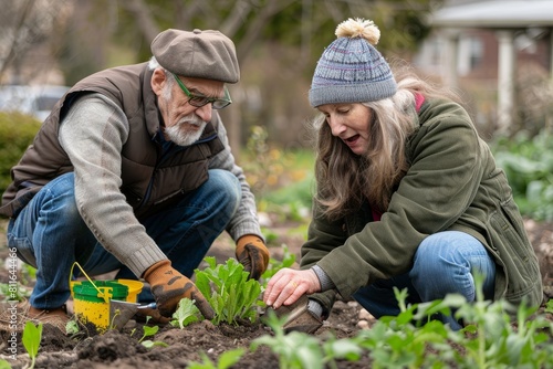 A man and woman are actively tending to plants and soil in a community volunteer initiative  kneeling in the dirt