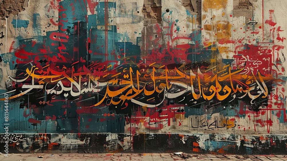 Fototapeta premium A mural of calligraphy where vandalism has added spray paint over parts of the script, merging art and corruption