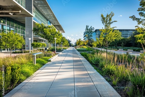 A wide-angle view of a walkway running alongside a sleek, modern corporate building