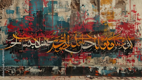 A mural of calligraphy where vandalism has added spray paint over parts of the script  merging art and corruption