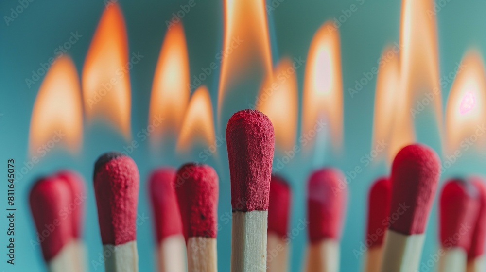 Striking Image of Red Matches Igniting in a Row Against Blue Background Striking Image of Red Matches Igniting in a Row Against Blue Background