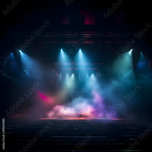 Stage light with colored spotlights and smoke. Concert hall. Generative AI.