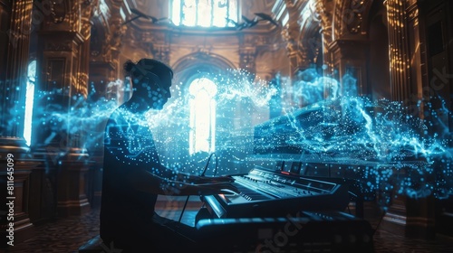 A musician composing music in a virtual reality space, surrounded by interactive sound waves and instruments photo