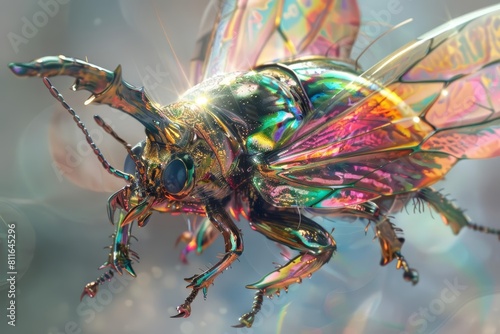 Futuristic strange style of insects  showcasing beetles with crystalline wings that refract light  rendered in an iridescent watercolor style  sharpen Cinematic Look