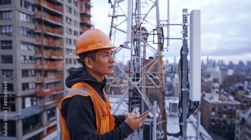 A network engineer installing 5G antennas on a rooftop, expanding coverage for a metropolitan area A network engineer installing 5G antennas on a rooftop, expanding coverage for a metropolitan area