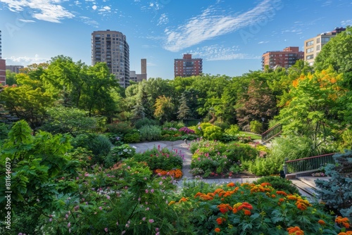 A high-angle view of a lush green park filled with numerous trees and flowers, showcasing the seamless blend of nature with the urban environment