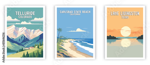 Telluride, Carlsbad State Beach, Lake Livingston Illustration Art. Travel Poster Wall Art. Minimalist Vector art