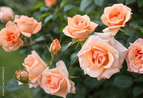 A view of Peach Roses in a garden