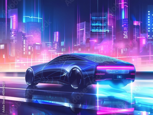 Illustration of a futuristic car with hologram  navigating through an urban landscape  banner for web