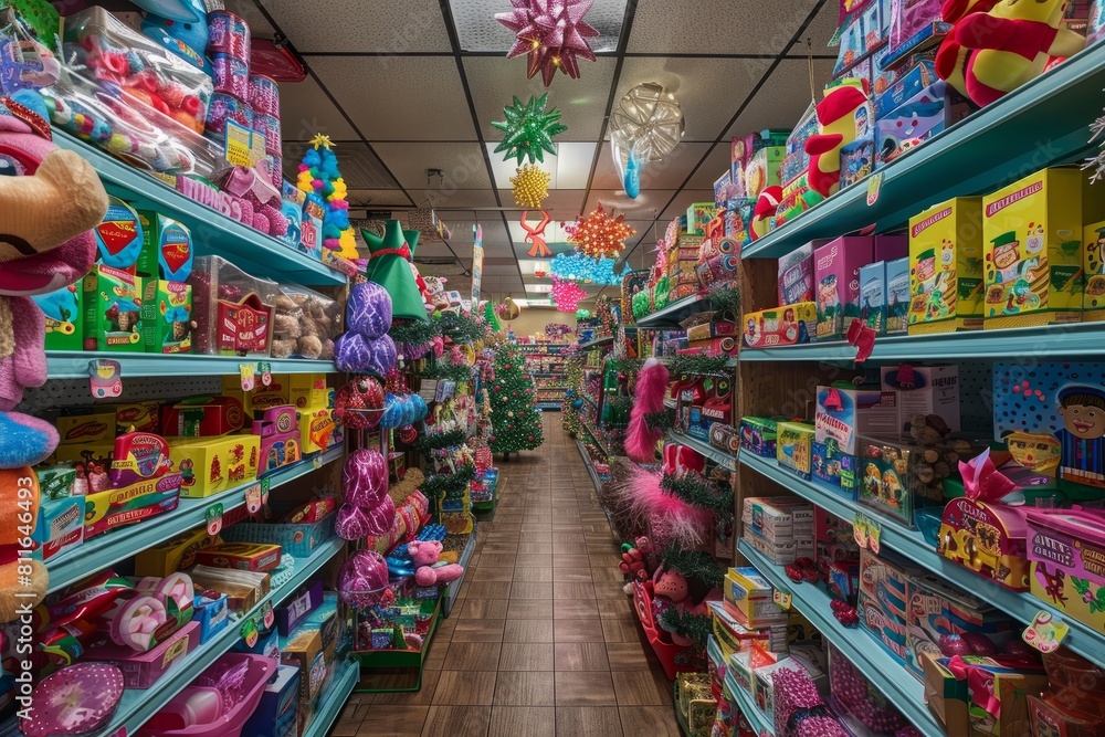 A vibrant toy store aisle bursting with holiday gifts, showcasing shelves filled with a wide variety of toys for children of all ages