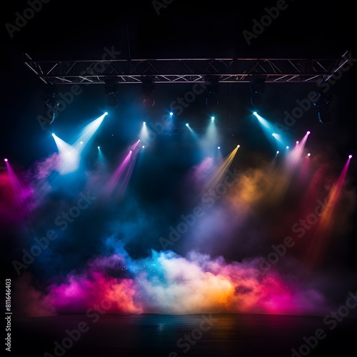 Stage light with colored spotlights and smoke. Concert hall. Generative AI.