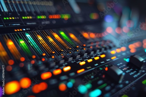 A detailed close-up view of a vibrant audio equalizer on a sound mixing console