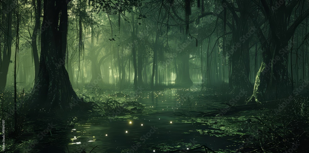 In the heart of a oncethriving forest, now a somber marshland, ghostly lights flicker under a deep emerald canopy, signaling the earths last sigh