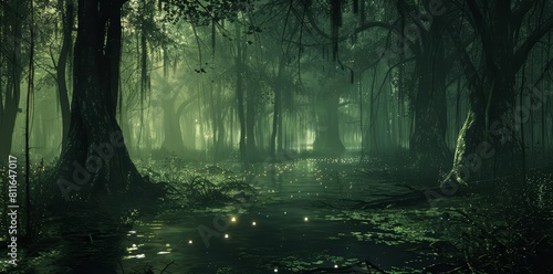 In the heart of a oncethriving forest, now a somber marshland, ghostly lights flicker under a deep emerald canopy, signaling the earths last sigh photo