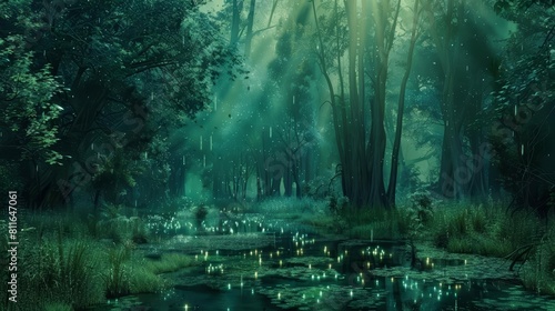 In the heart of a oncethriving forest, now a somber marshland, ghostly lights flicker under a deep emerald canopy, signaling the earths last sigh photo