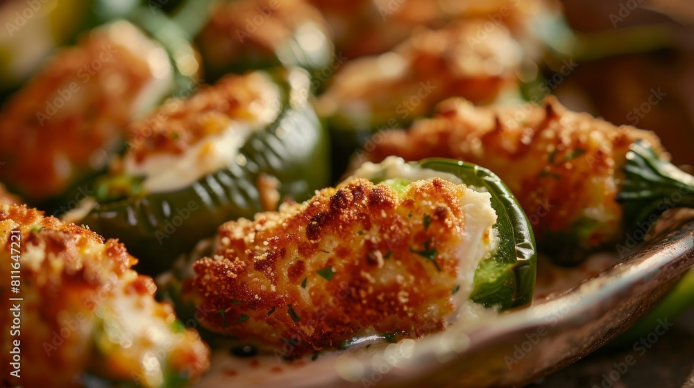 Jalapeño Poppers Appetizer Platter | Close-up of Cream Cheese Stuffed Peppers Topped with Breadcrumbs for Restaurant Menu and Party Catering Jalapeño Poppers Appetizer Platter | Close-up of Cream Cheese Stuffed Peppers Topped with Breadcrumbs for Restaurant Menu and Party Catering