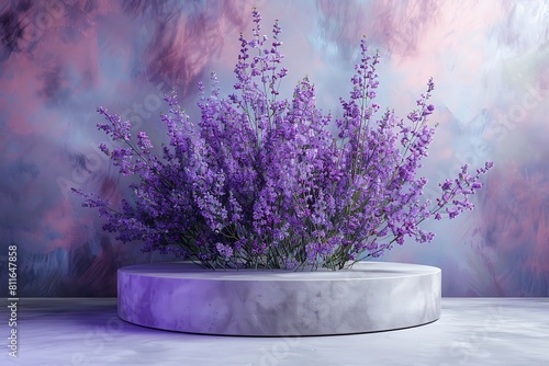 Lavender podium flower background purple product nature platform stand summer 3d table. Cosmetic podium lilac abstract field studio beauty flower spring lavender floral display plant backdrop crystal photo