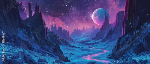 Mystery landscape of a deep canyon under starlit skies  illustrated in retro color style  inviting adventurers to explore its hidden depths and echoing echoes