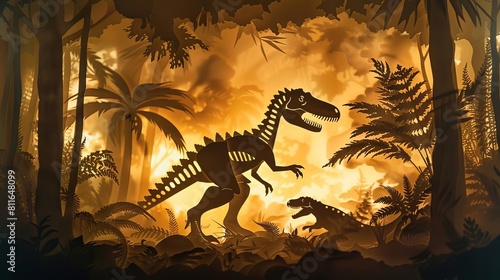 Craft a kirigami scene showcasing a Velociraptor hunting its prey