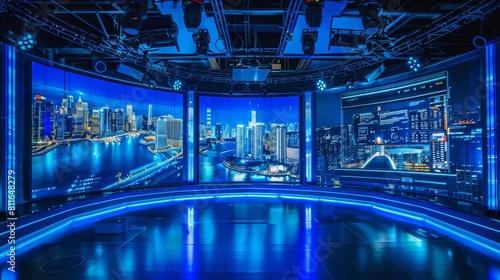News studio with blue lighting and screens showing a cityscape