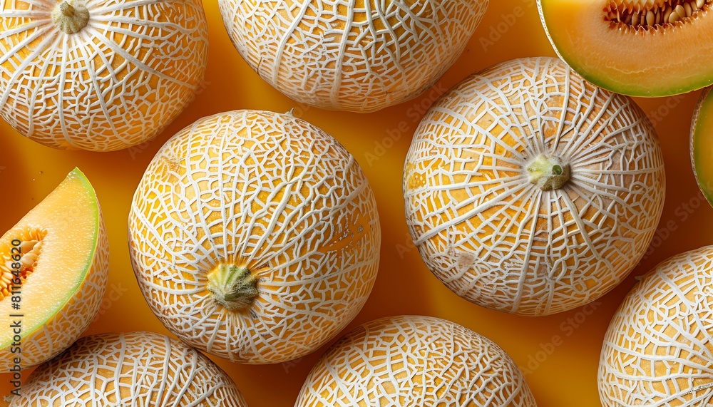 Ripe melons on yellow background, top view. Organic food seamless pattern Ripe melons on yellow background, top view. Organic food seamless pattern
