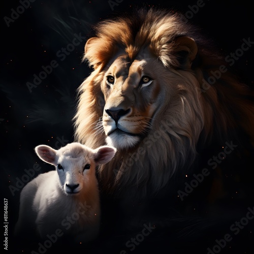 Lion with lamb together. Generative AI.