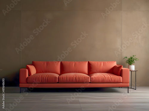 interior design of a modern living room combines urban chic with a red sofa against a blank brown stucco wall with copy space. comfort and functionality living. photo