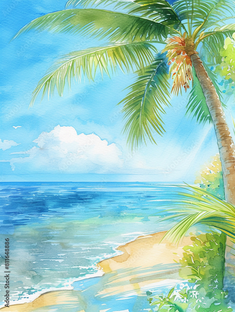 Fototapeta premium ヤシの木と青い海 Generative AI
