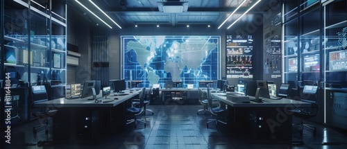 Realistic photo of an advanced robotics lab with hologram projections of cyber security data  set in a modern facility  banner concept