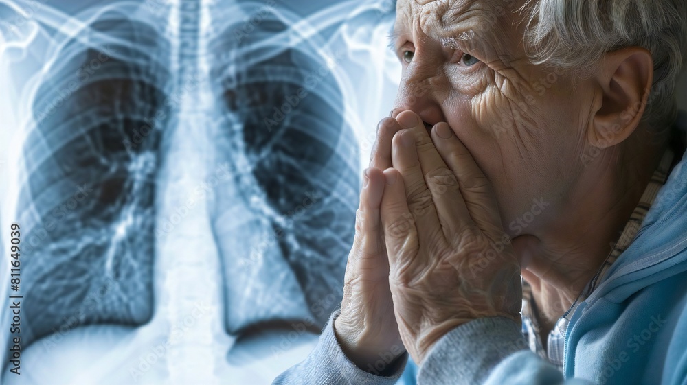 An elderly man covers his mouth in worry, looking at a chest X-ray display highlighting potential health issues. An elderly man covers his mouth in worry, looking at a chest X-ray display highlighting potential health issues.