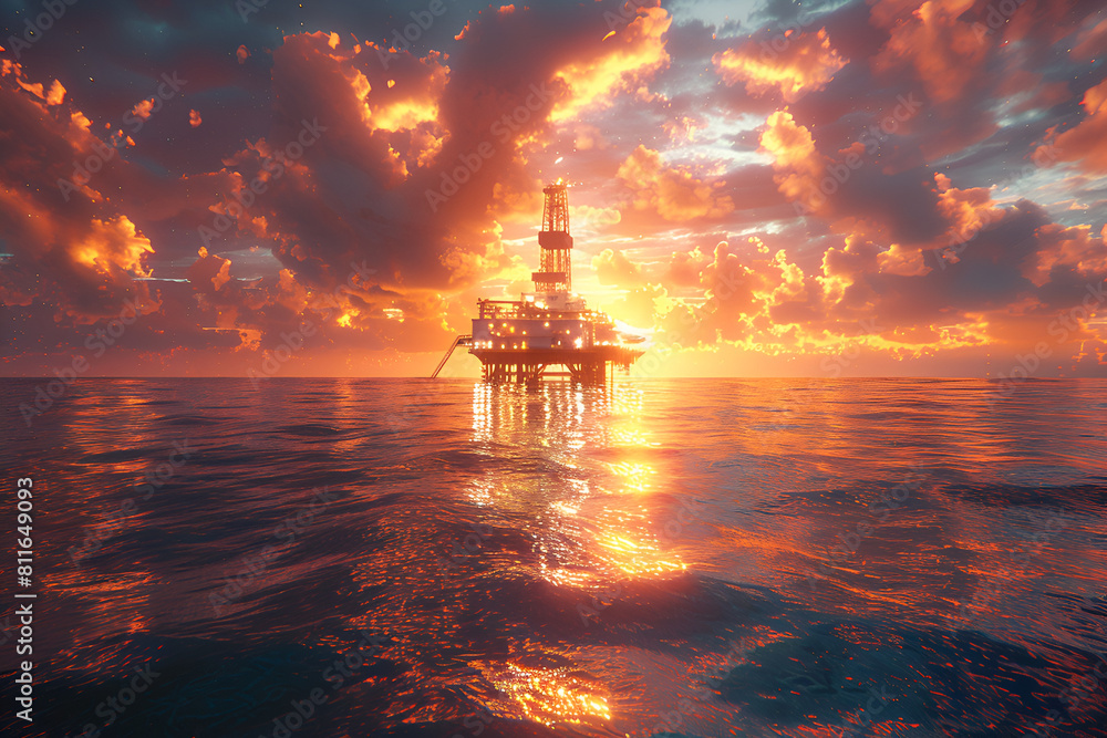Beautiful sunset evening sky over the oil platform,
Arafed oil rig in the middle of the ocean at sunset