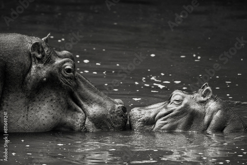 A large hippo and its child share a tender moment in their water photo