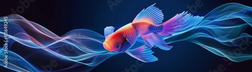 Show colorful glow HUD icon of tropical fish, swimming vividly in a paper art style, synth wave