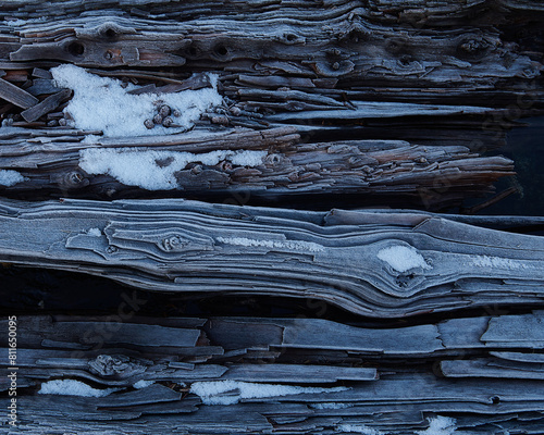 Ice crystals form on log on a chilly Washington morning. photo