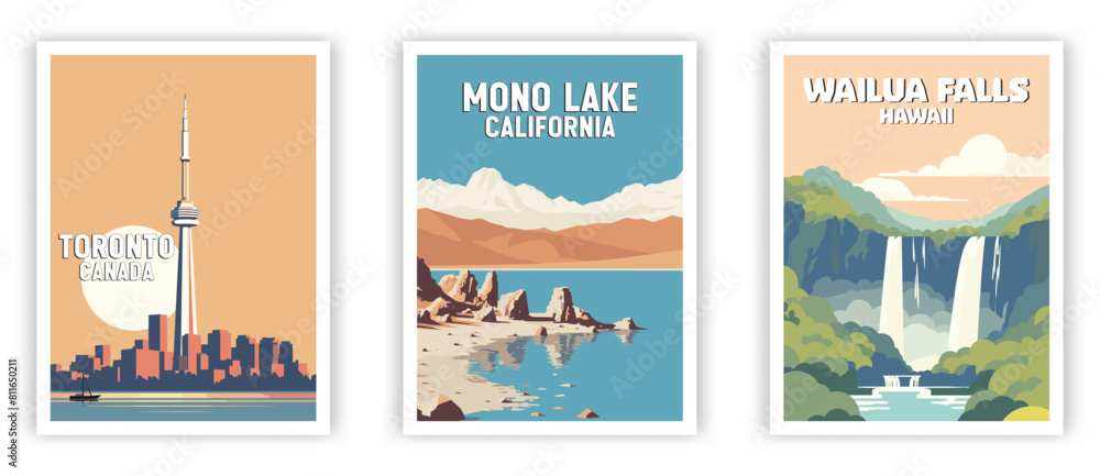Toronto, Mono Lake, Wailua Falls Illustration Art. Travel Poster Wall Art. Minimalist Vector art