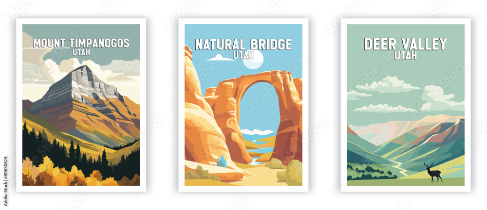 Mount Timpanogos, Natural Bridge, Deer Valley Illustration Art. Travel Poster Wall Art. Minimalist Vector art