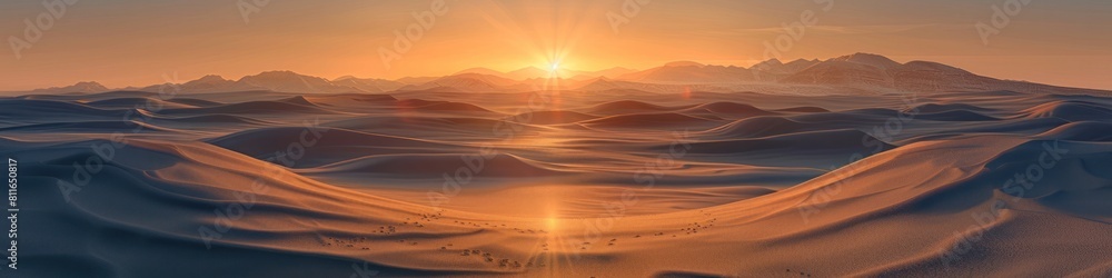 Serene Desert Sunset Tranquil 3D Rendering of Sand Dunes Mountains and Warm Golden Glow