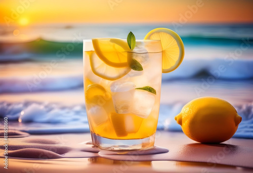 A glass of lemonade with ice and a slice of lemon on a sandy beach with the ocean 
