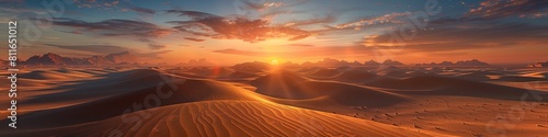 Majestic Desert Sunset Panorama with Windswept Sand Dunes and Distant Mountains