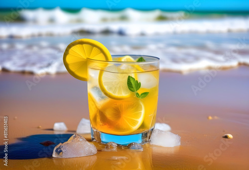 A glass of cold drink with ice and a slice of lemon on a sandy beach with ocean in the background