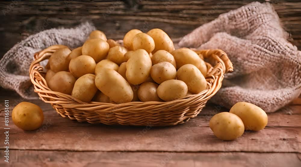 A Basket of Russet Potatoes Spilling Over on A Wooden Table A Basket of Russet Potatoes Spilling Over on A Wooden Table