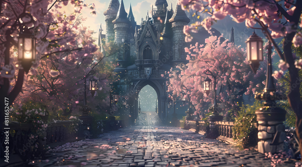 A fantasy castle entrance surrounded by cherry blossoms, with cobblestone paths and lanterns hanging from trees A fantasy castle entrance surrounded by cherry blossoms, with cobblestone paths and lanterns hanging from trees