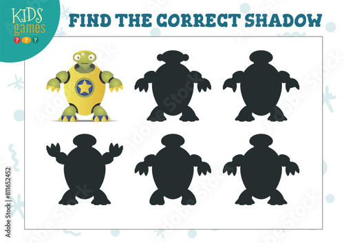 Find the correct shadow for cute cartoon robot educational preschool kids mini game. Vector illustration with 5 silhouettes for shadow matching exercise © kora_ra_123