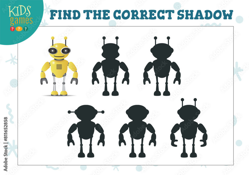 Obraz premium Find the correct shadow for cute cartoon robot educational preschool kids mini game. Vector illustration with 4 silhouettes for shadow matching quiz