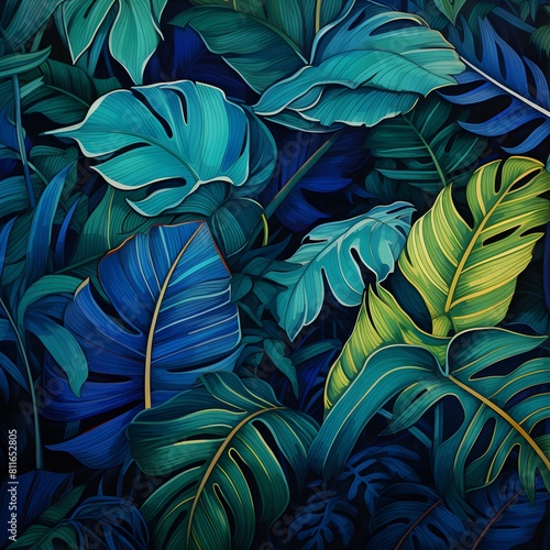 Tropical leaves seamless pattern  green and blue color palette. Generative AI.