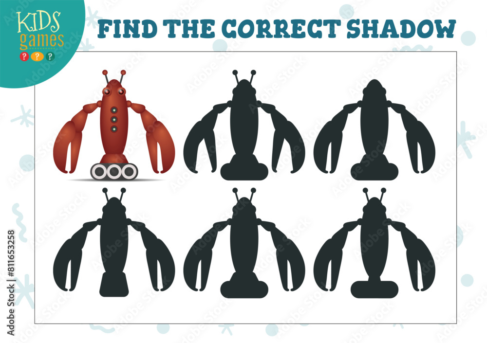 Obraz premium Find the correct shadow for cute cartoon humanoid robot educational preschool kids mini game. Vector illustration with 4 silhouettes for shadow matching puzzle