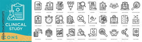 Clinical Study icon line. Study Protocol, Clinical Trials, Patient Enrollment, Data Collection, Research Findings, Case Report, Informed Consent, Study Participants, Medical Record