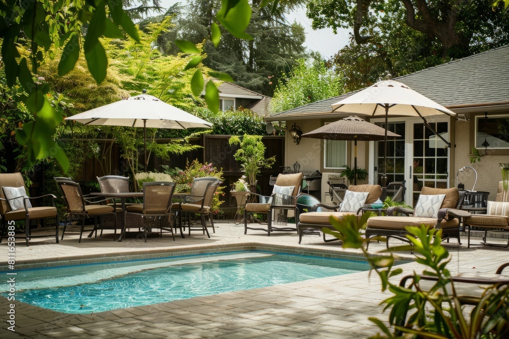 A backyard featuring a pool surrounded by patio furniture such as chairs, tables, and umbrellas