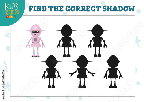 Find the correct shadow for cute cartoon robot educational preschool kids mini game. Vector illustration with 4 silhouettes for shadow matching quiz © kora_ra_123